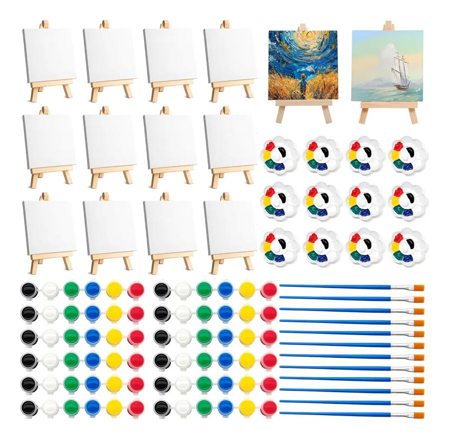 Lienzos pequeños con atriles de madera, paletas, témperas de colores y pinceles